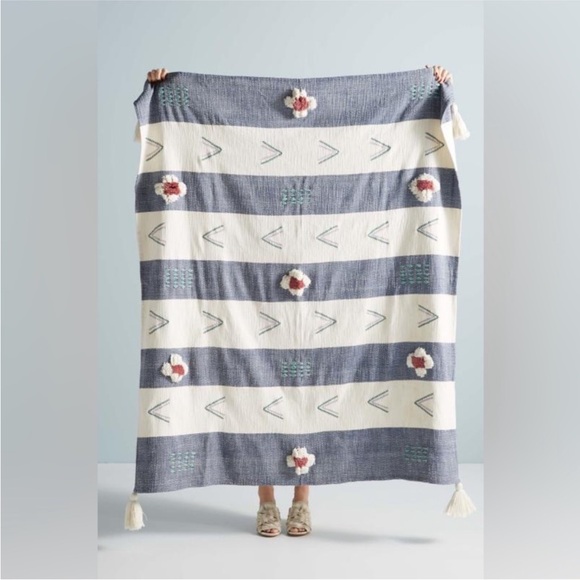Anthropologie Kamryn Navy Striped Tufted Bohemian Tassel Throw Blanket 50x60 - Picture 1 of 10